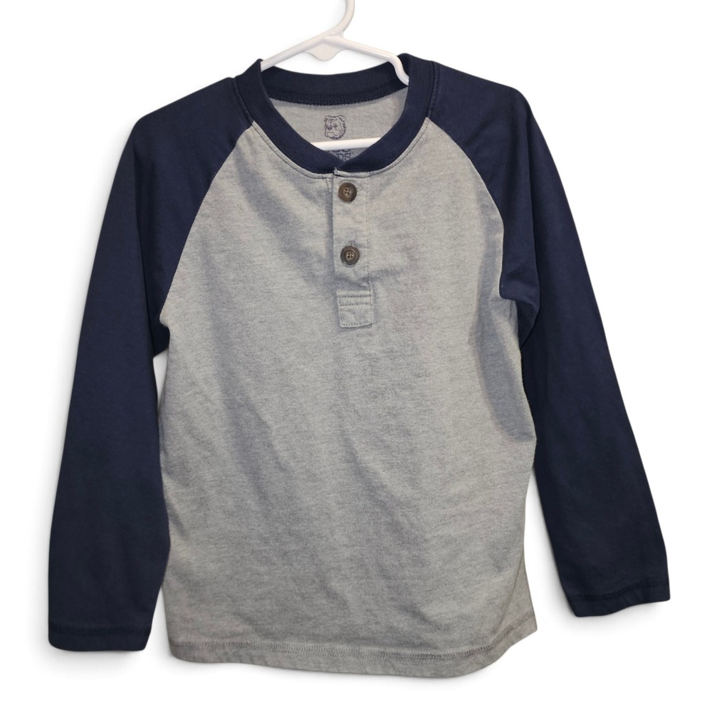 365 Kids Henley Shirt Boys Size 6 Grey Navy Excellent Raglan Long Sleeve Tee